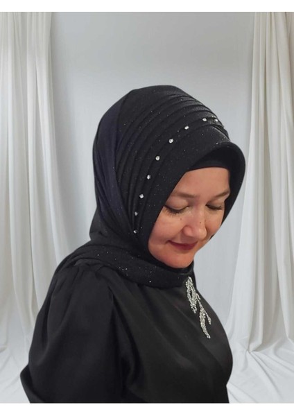 Siyah Simli Kumaş Taş Detaylı Hazır Şal Abiye Şal Hazır Türban fiyatları