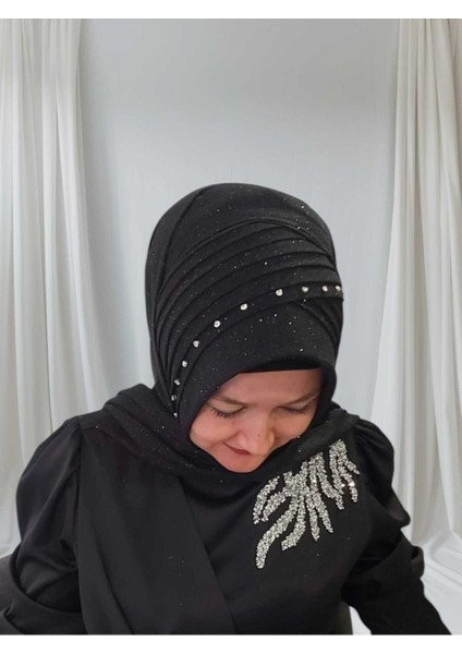 Siyah Simli Kumaş Taş Detaylı Hazır Şal Abiye Şal Hazır Türban modelleri