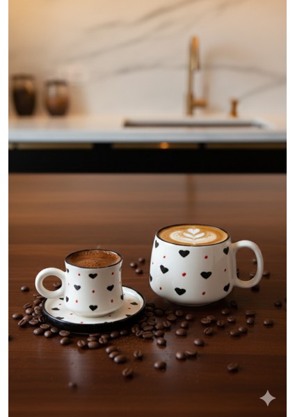 Canım Kendim Serisi Siyah Kalp Desenli, El Yapımı Seramik ve Kupa Takımı, Mug, Hand Made