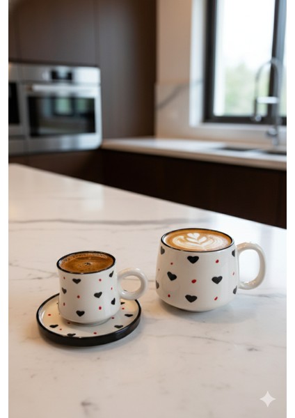 Canım Kendim Serisi Siyah Kalp Desenli, El Yapımı Seramik ve Kupa Takımı, Mug, Hand Made fiyatları