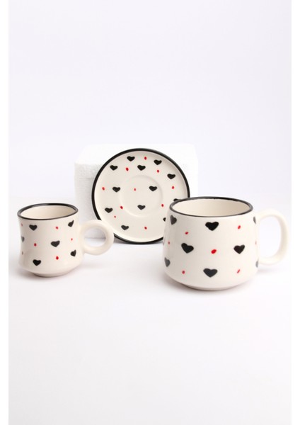 Canım Kendim Serisi Siyah Kalp Desenli, El Yapımı Seramik ve Kupa Takımı, Mug, Hand Made modelleri