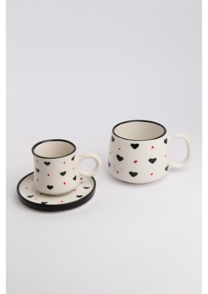 Canım Kendim Serisi Siyah Kalp Desenli, El Yapımı Seramik ve Kupa Takımı, Mug, Hand Made fırsatları
