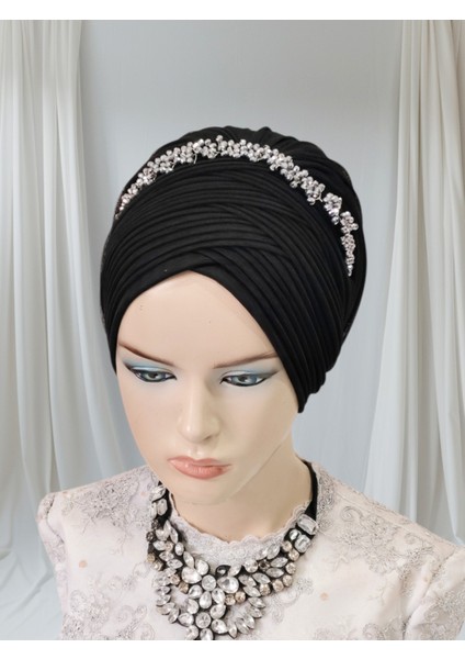 Aksesuar Dahil Siyah Sevda Bone Hazır Şal Bone Hazır Türban