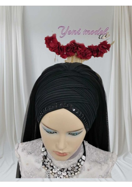 Siyah Duvaklı Hazır Türban Hazır Şal Payetli modelleri