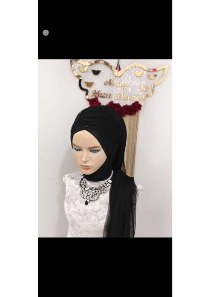 Siyah Duvaklı Hazır Türban Hazır Şal Payetli fırsatları
