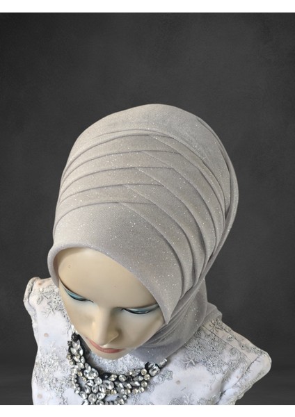 Simli Açık Gri Hazır Türban Hazır Şal Abiye Şal modelleri