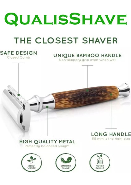 Q5 Bambu Manuel Tıraş Makinesi + U5 Mekanizmalı Ustura + 5 Adet Yaprak Jilet