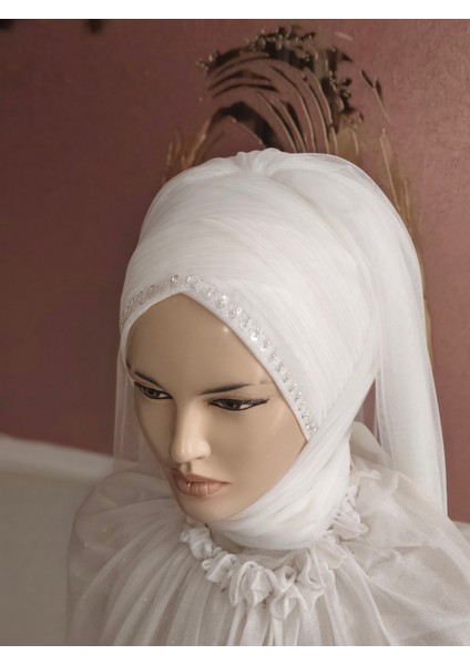 Beyaz Gelin Başi Hazır Türban Hazır Şal Hazır Duvak