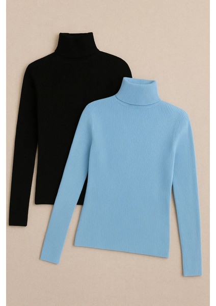 Siyah Pamuklu Kumaş Balıkçı Yaka (2'li Paket) Slimfit Boğazlı Kazak