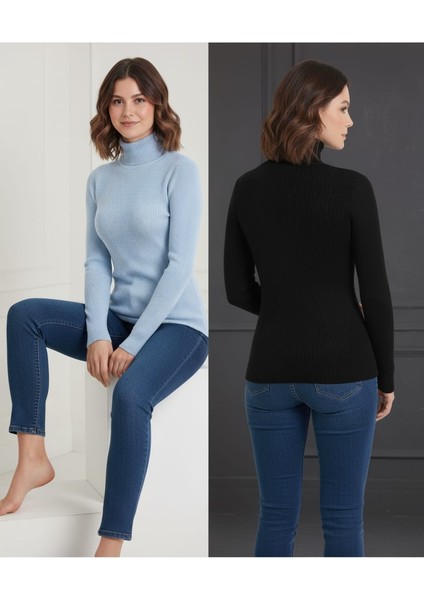 Siyah Pamuklu Kumaş Balıkçı Yaka (2'li Paket) Slimfit Boğazlı Kazak modelleri