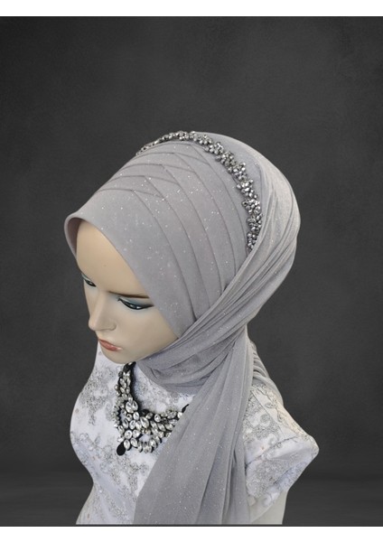Aksesuar Dahil Açık Gri Simli Tek Tek Hazır Şal Hazır Türban Hazır Duvak