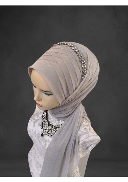 Aksesuar Dahil Açık Gri Simli Tek Tek Hazır Şal Hazır Türban Hazır Duvak fiyatları