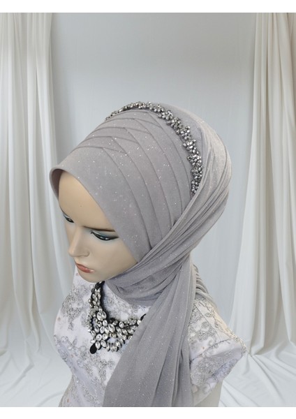 Aksesuar Dahil Açık Gri Simli Tek Tek Hazır Şal Hazır Türban Hazır Duvak fırsatları