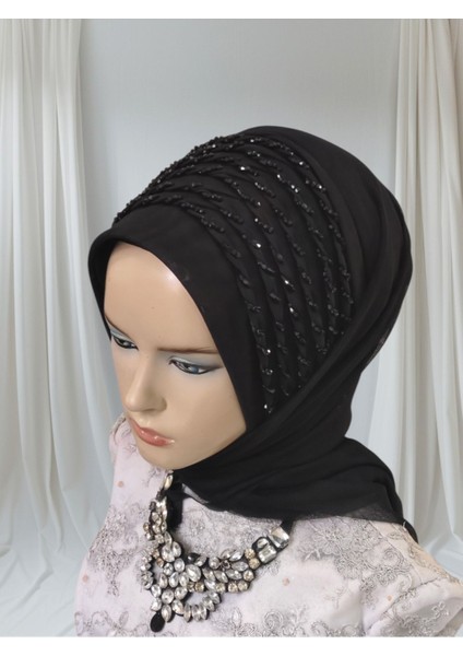 Siyah Full Işlemeli Hazır Türban Hazır Şal Abiye Şal