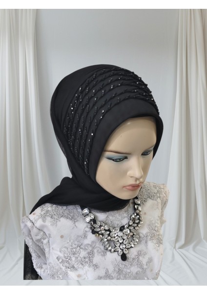 Siyah Full Işlemeli Hazır Türban Hazır Şal Abiye Şal fiyatları