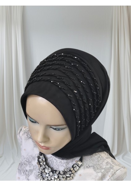 Siyah Full Işlemeli Hazır Türban Hazır Şal Abiye Şal fırsatları