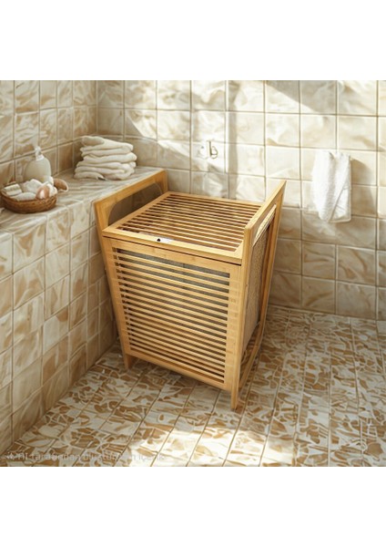 Ahşap Bambu Kirli Çamaşır Sepet Kumaş Çantalı SEPET=40X35X60CM (5358)