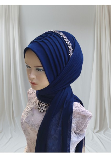 Aksesuar Dahil Açık Lacivert Tek Tek Hazır Şal Hazır Türban Hazır Duvak