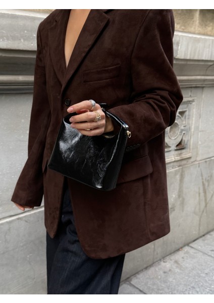 Ilot.ıstanbul | Rugan Görünümlü Parlak Siyah Baget Omuz Çantası Düz Model Retro Kol Çantası fırsatları