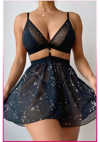Üstü Şeffaf Yıldız Desenli Baby Doll Bralet Takım – Konforlu, Hafif, Şık