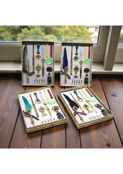 Vintage Tüylü Kalem ve Balmumlu Mühür Seti – 16 Parça Lüks Yazı Seti