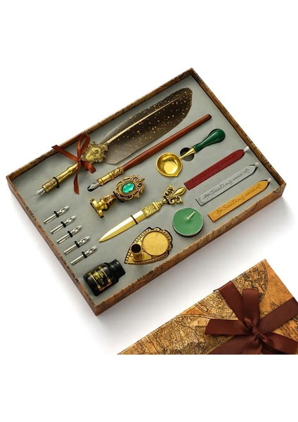 Vintage Tüylü Kalem ve Balmumlu Mühür Seti – 16 Parça Lüks Yazı Seti modelleri