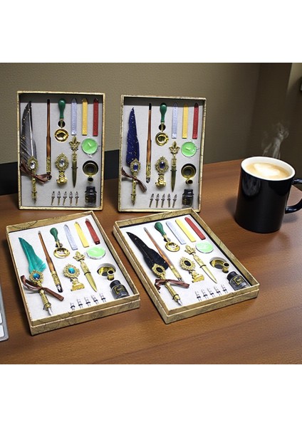 Vintage Tüylü Kalem ve Balmumlu Mühür Seti – 16 Parça Lüks Yazı Seti indirimleri