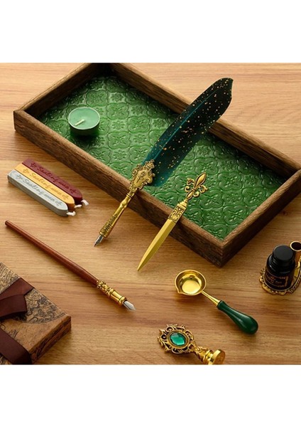 Vintage Tüylü Kalem ve Balmumlu Mühür Seti – 16 Parça Lüks Yazı Seti