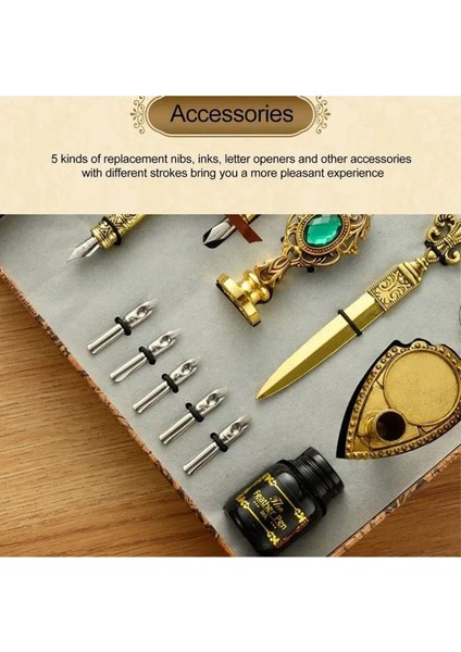 Vintage Tüylü Kalem ve Balmumlu Mühür Seti – 16 Parça Lüks Yazı Seti