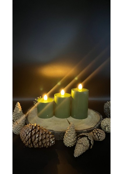 3 Adet 10-8-6 cm Yeşil Renk Batom LED Mum - 6 cm Çap