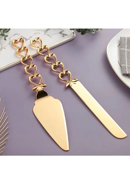 💖 SDH-3529 Altın Kalp Detaylı Pasta Servis Seti – Kutlamalara Romantik Işıltı!