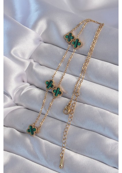 316L Çelik Gold Renk Minimal Yeşil Mineli Yonca Kolye - TJ-BKO9000