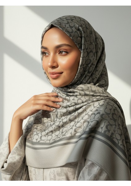 C Desen Gri Çift Taraflı Jakar Şal