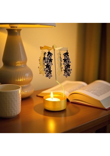 Dönme Efektli Dekoratif Mumluk – Rüzgarda Dönen Metal Çiçek Figürlü Tasarım