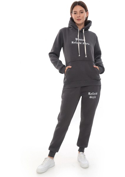 Füme Şık Polarlı Kadın Eşofman Takımı Paça Lastikli Cepli Kapüşonlu Nakış Detaylı Compact Takım