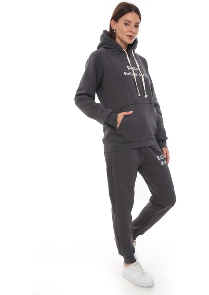 Füme Şık Polarlı Kadın Eşofman Takımı Paça Lastikli Cepli Kapüşonlu Nakış Detaylı Compact Takım fiyatları