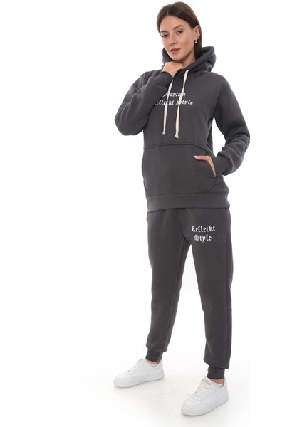 Füme Şık Polarlı Kadın Eşofman Takımı Paça Lastikli Cepli Kapüşonlu Nakış Detaylı Compact Takım fırsatları