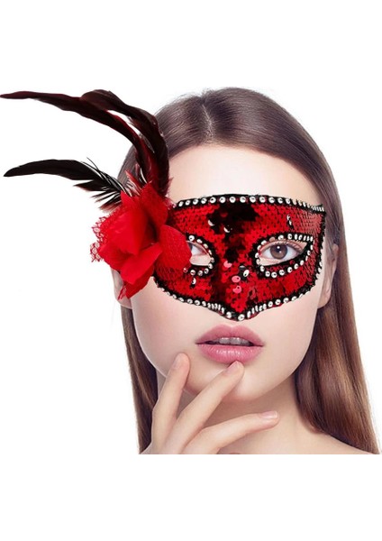 Bfs Kırmızı Renk Yandan Tüylü Güllü Gümüş Taşlı Pullu Maske 20X22 cm