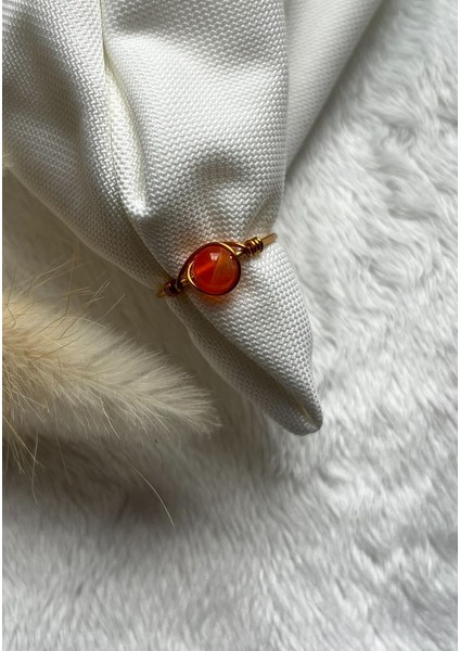 Turuncu Akik Taşı Ayarlanabilir Altın Renk Tel Yüzük