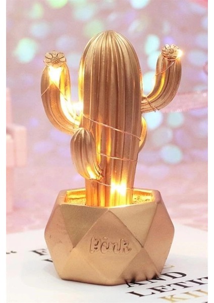 LED Işıklı Sevimli Kaktüs Dekoratif Masa Ası Mini Biblo Gece Ası-Gold