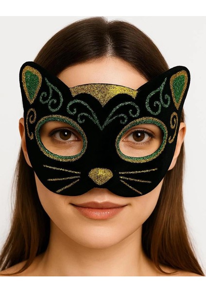 Bfs Siyah Kadife Kaplama Üzeri Sarı Yeşil Sim Işlemeli Kedi Maskesi 20X13 cm fırsatları