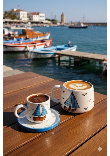 Canım Kendim Serisi Yelkenli Desenli, El Yapımı Seramik ve Kupa Takımı, Mug, Hand Made