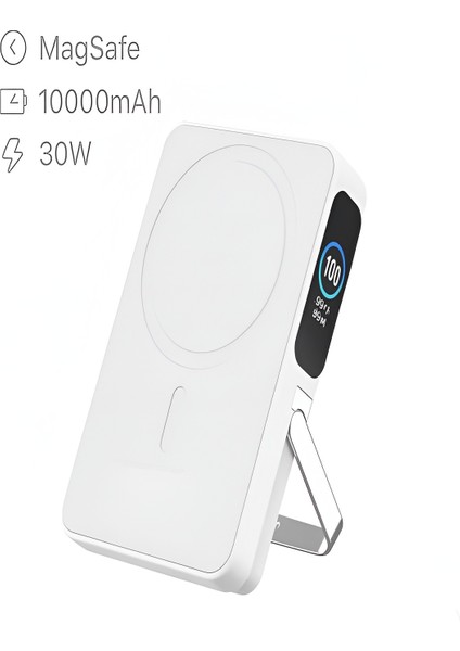 10000MAH 30W Hızlı Şarjlı Dijital Göstergeli Taşınabilir Kablosuz Magsafe Powerbank Beyaz