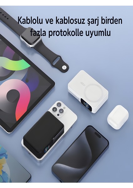 10000MAH 30W Hızlı Şarjlı Dijital Göstergeli Taşınabilir Kablosuz Magsafe Powerbank Beyaz modelleri