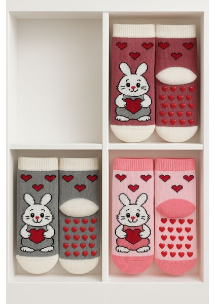 Havlu Çocuk & Bebek Çorabı / 3'lü Kutulu / Premium / Kaydırmaz Tabanlı / Tavşan Desenli