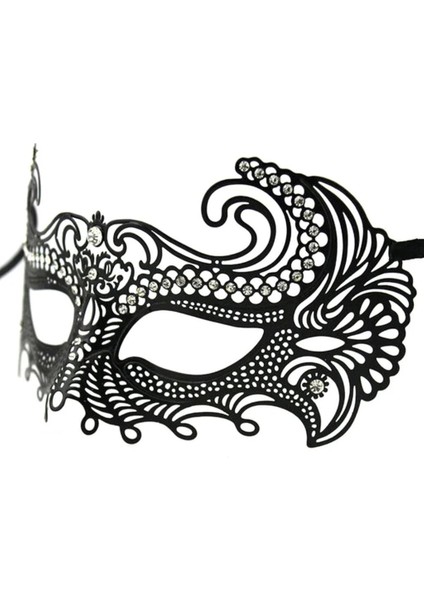 Bfs Siyah Renk Lazer Kesim Üzeri Kristal Taşlı Metal Balo Parti Venedik Maskesi