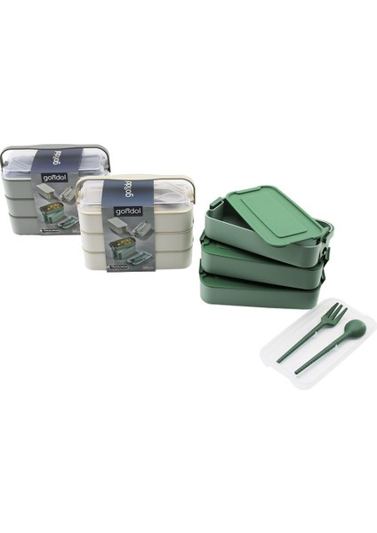 Beslenme Kutusu 3 Katlı x 420ML - Çatal - Kaşık - Tekli Taşıma Kulp Renkli Plastik (5358)