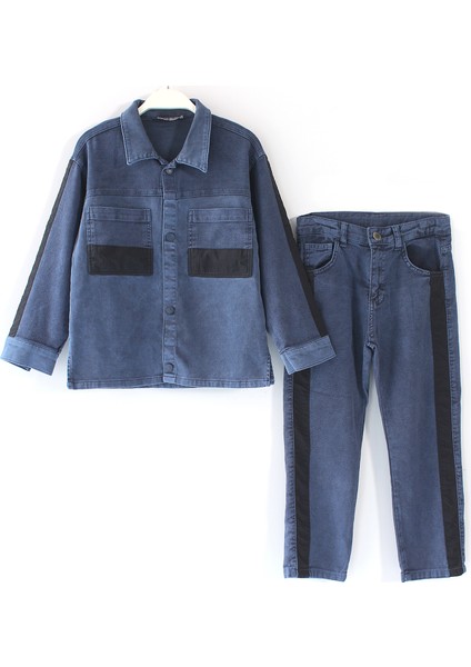 Erkek Çocuk Şerit Detaylı Denim Alt Üst Gömlek Pantolon Takım Mavi Kot Erkek Çocuk Takım