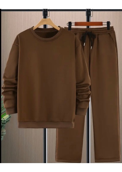 Büyük Beden Özel Tasarım Düz Renk Yuvarlak Yaka Geniş Düz Paça %100 Pamuk Kışlık Erkek Eşofman Takımı