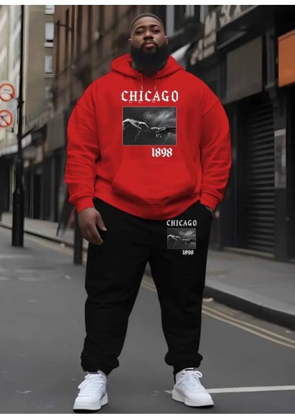 Büyük Beden Özel Tasarım Kapüşonlu Chıcago Baskılı %100 Pamuk Kışlık Trend Erkek Eşofman Takımı